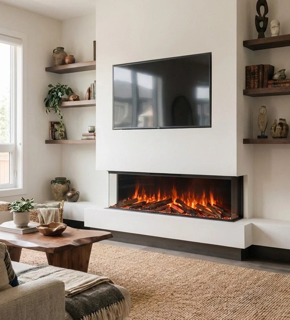 Media wall with inset electric fire