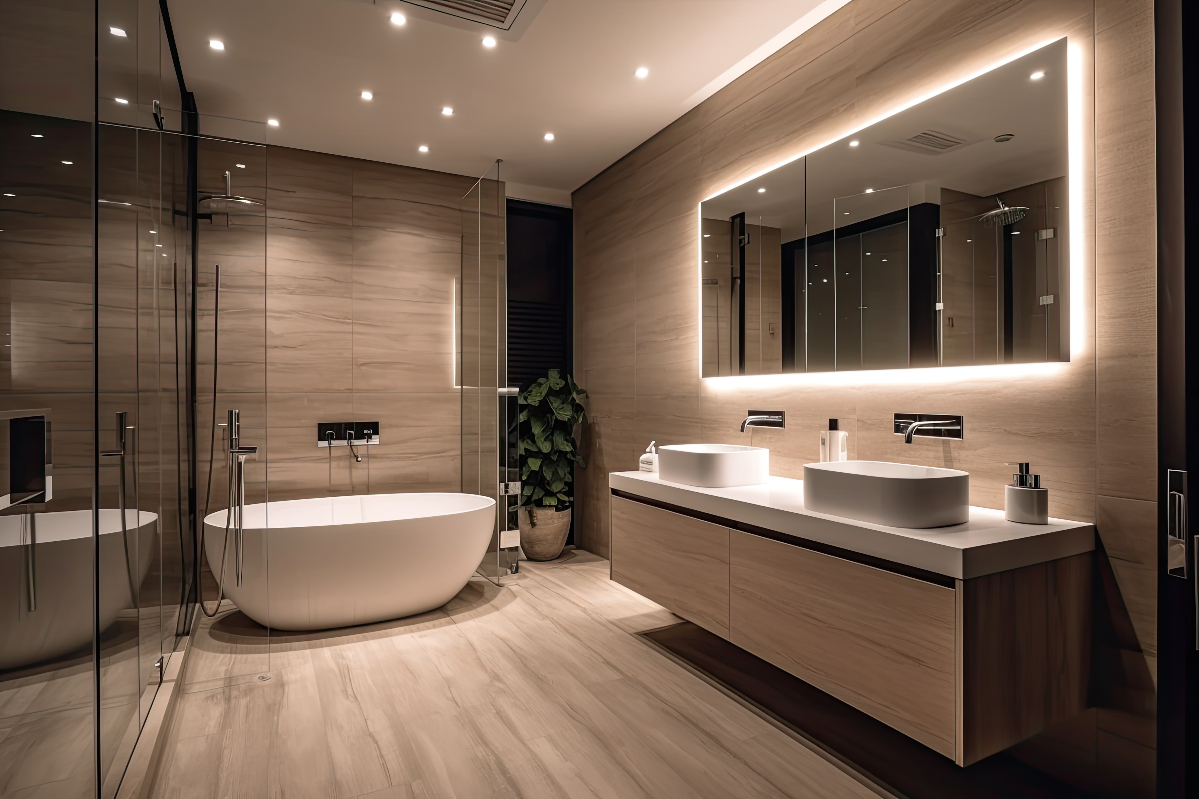 Warm wood double vanity display in the One Stop Bathrooms showroom