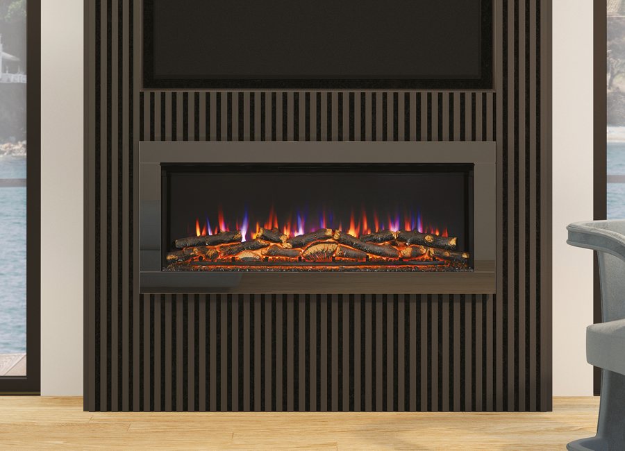 Avella Grande linear electric fire set into a dark slat-panelled media wall
