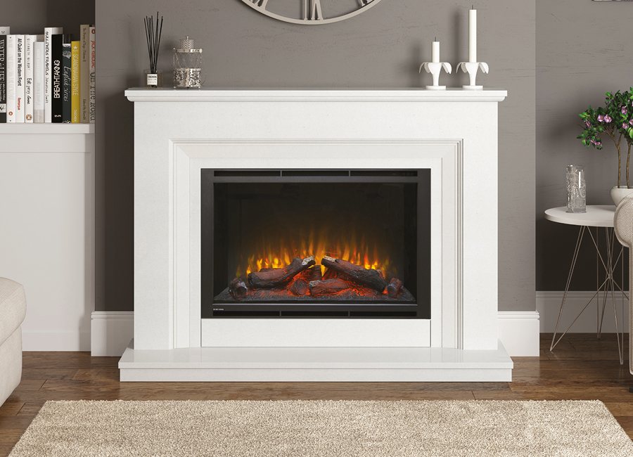 Cassius electric fireplace in white micro marble