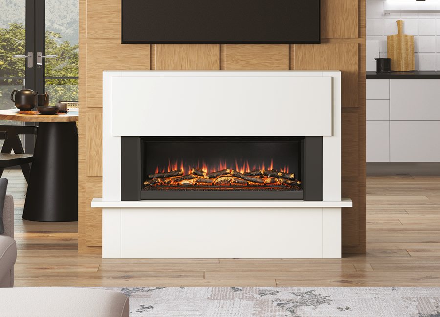 Fairview floorstanding electric fireplace in Ash White with television mounted above
