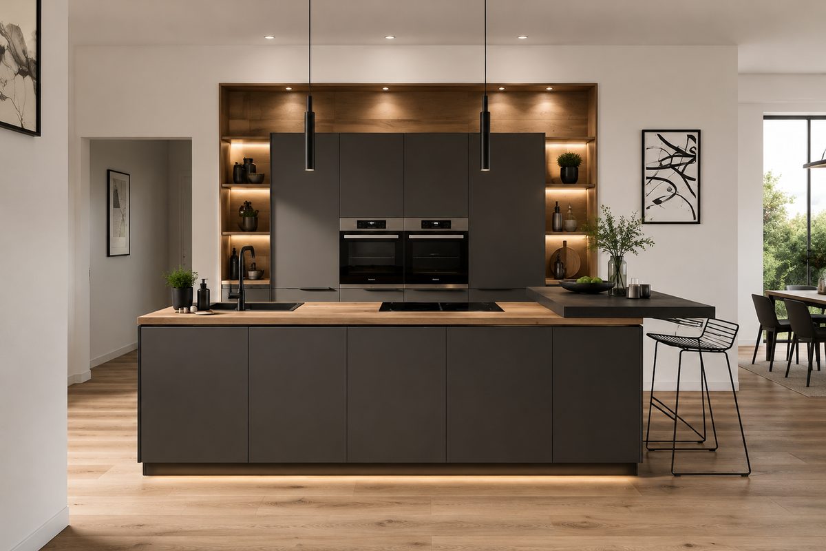 Graphite matt kitchen island with oak shelving backdrop