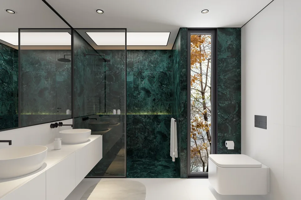 Green fluted tiles behind an oak vanity