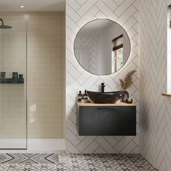 Alpine White herringbone panels with taupe grey