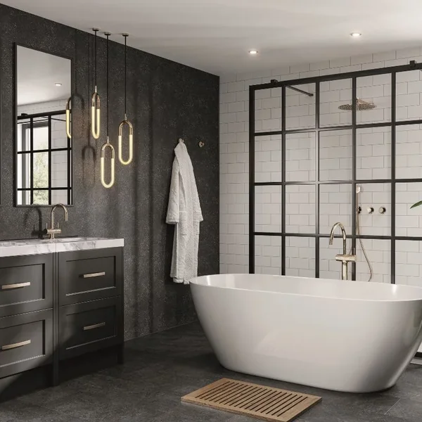 Black Mineral feature wall with white and grey metro panels