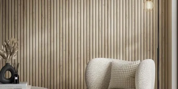 Bleached Cuneo Oak slat wall in a living room