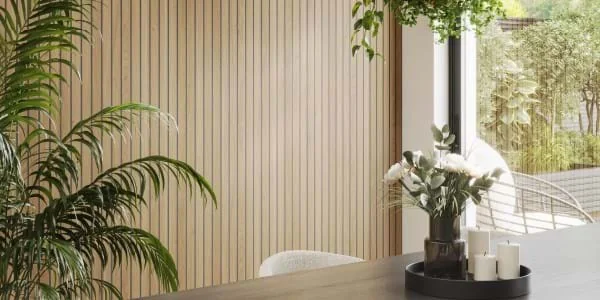 Brown Cuneo Oak slat wall in a dining room