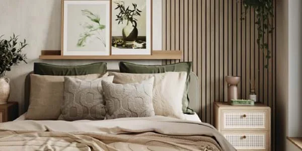 Lorenzo Oak slat wall panelling in a bedroom