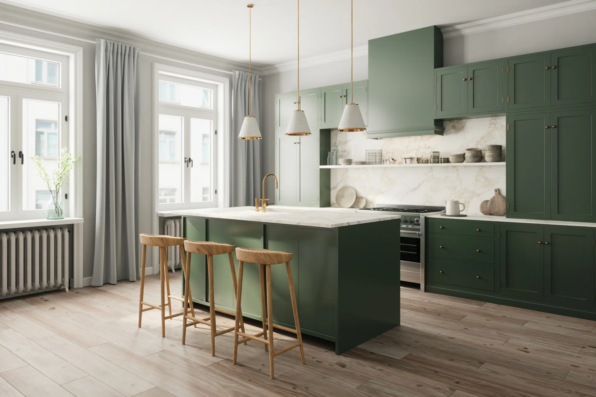 Dark green shaker kitchen with marble worktops and brass fittings