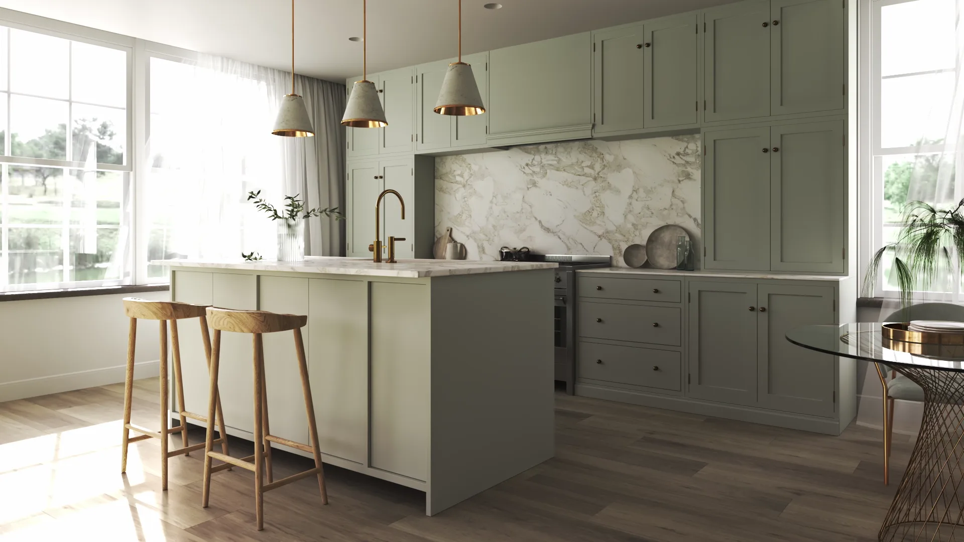 Sage shaker kitchen with marble splashback, fitted by One Stop