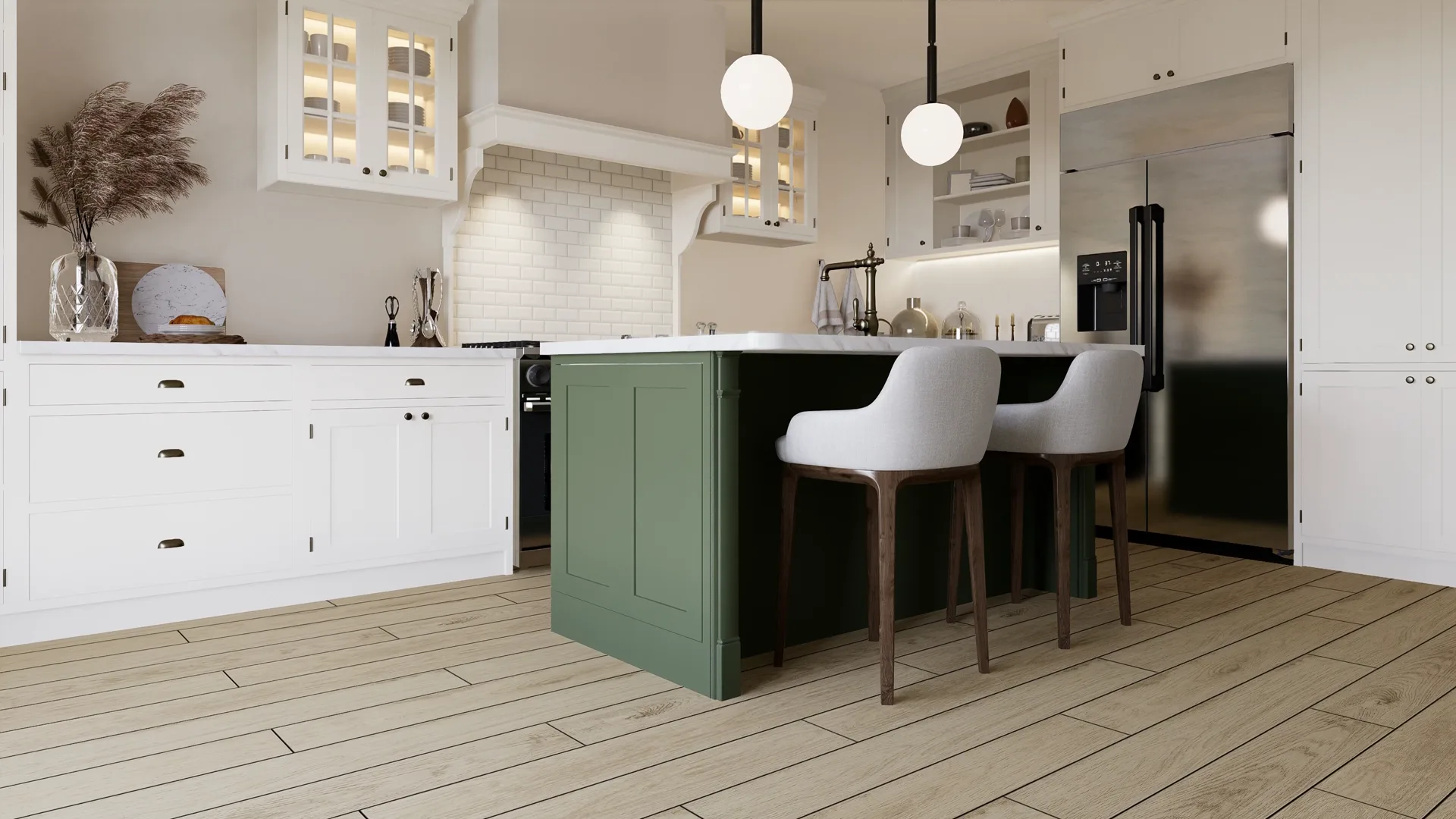 White shaker kitchen with green island