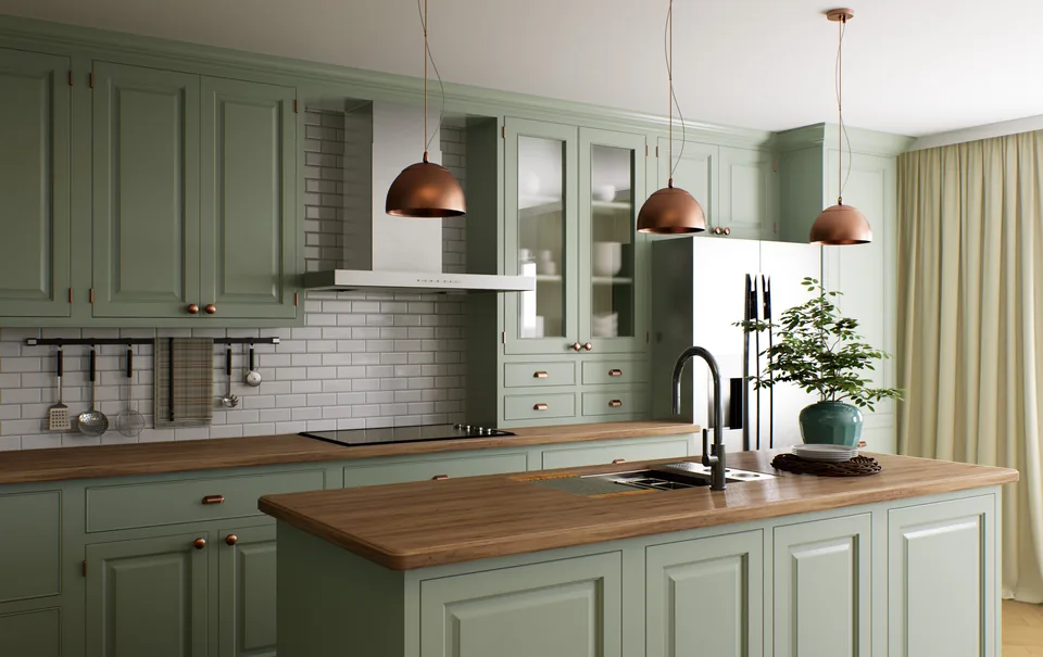 Sage shaker kitchen with oak worktop and copper pendants