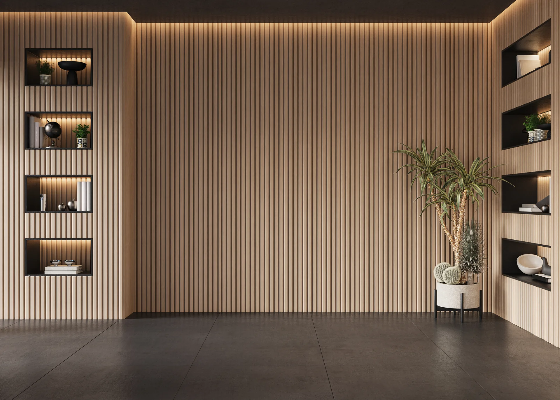 Slat wall panelling with lit display niches