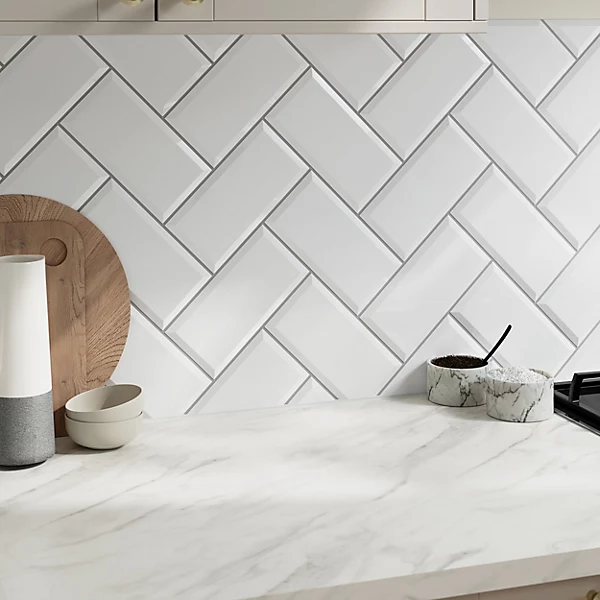White herringbone wall tiles